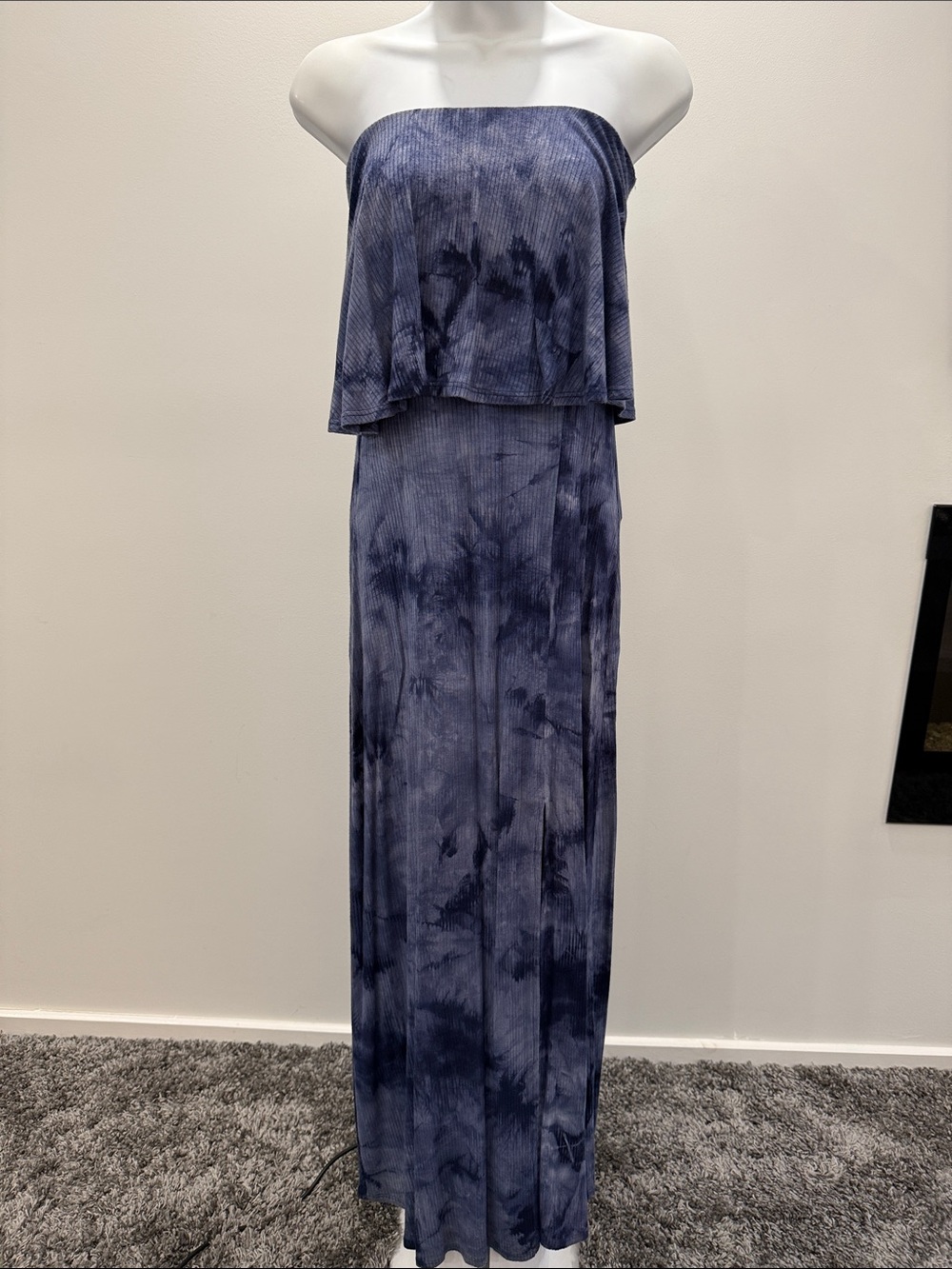 Strapless Navy Tie-Dye Layered Maxi Dress with slit.